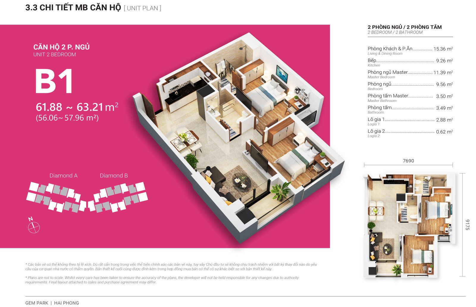 Mặt bằng căn B1-1 2PN tòa Diamond A Gem Park