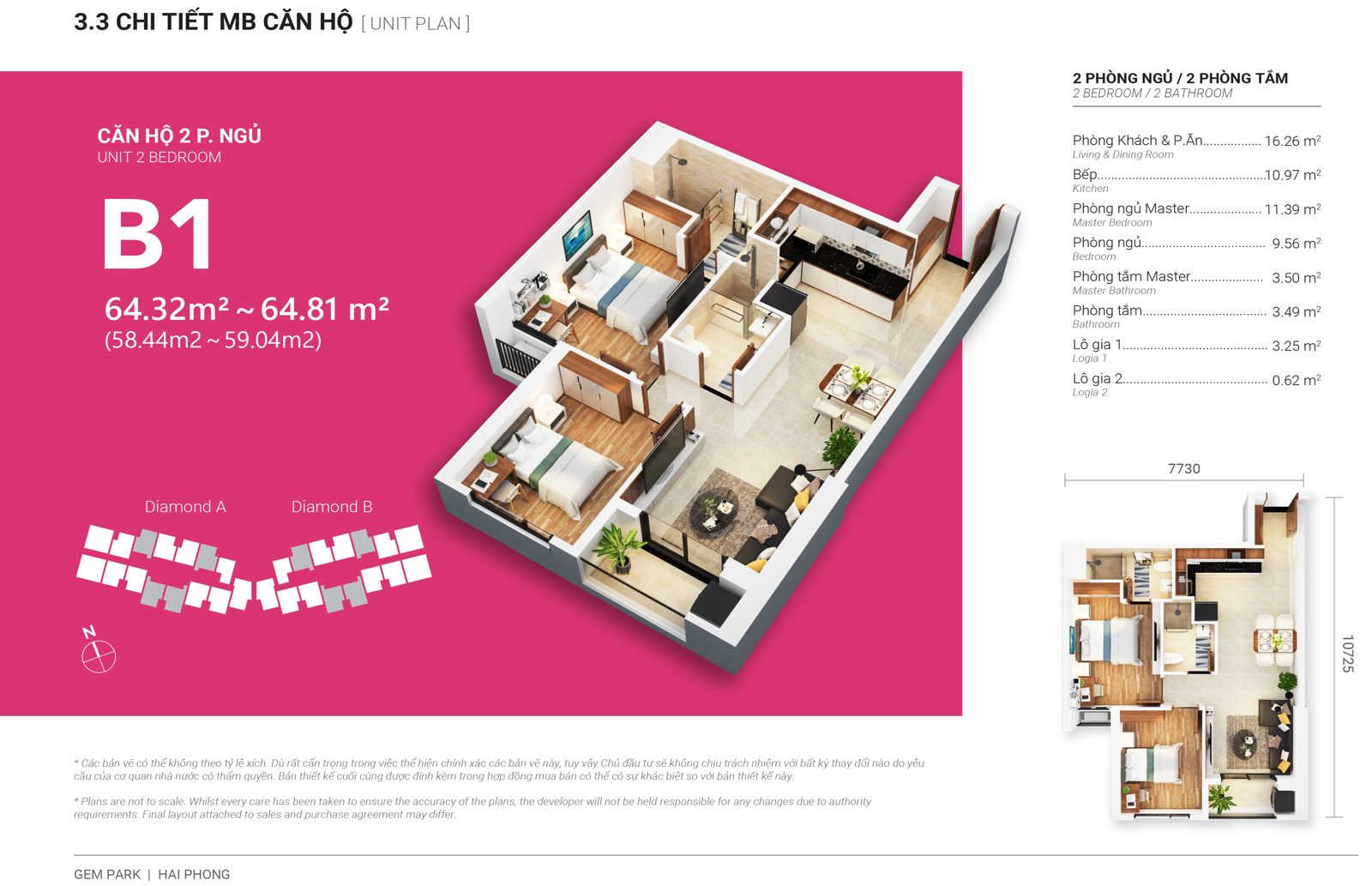 Mặt bằng căn B1-2 2PN tòa Diamond A Gem Park