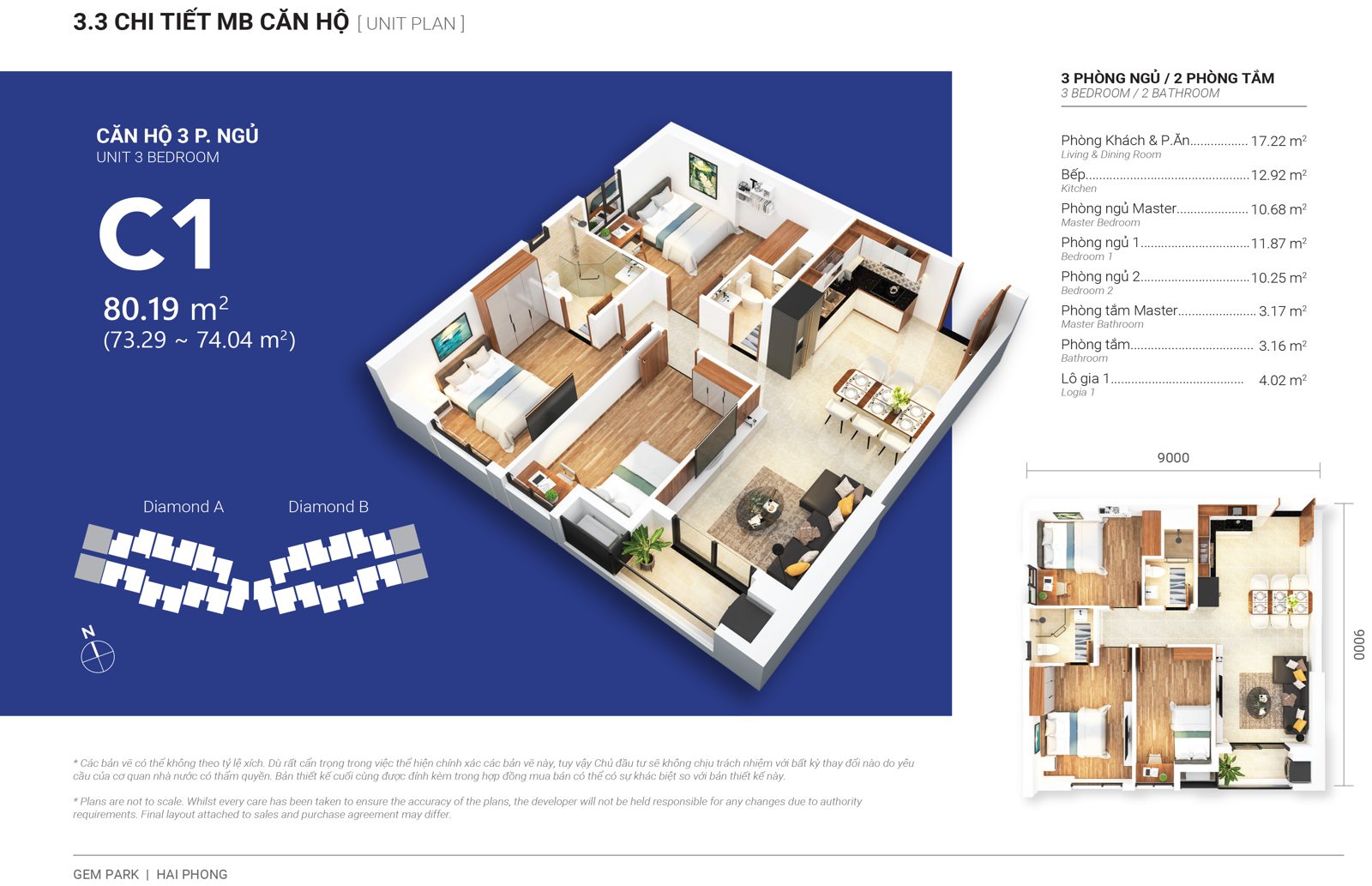 Mặt bằng căn C1 3PN tòa Diamond A Gem Park