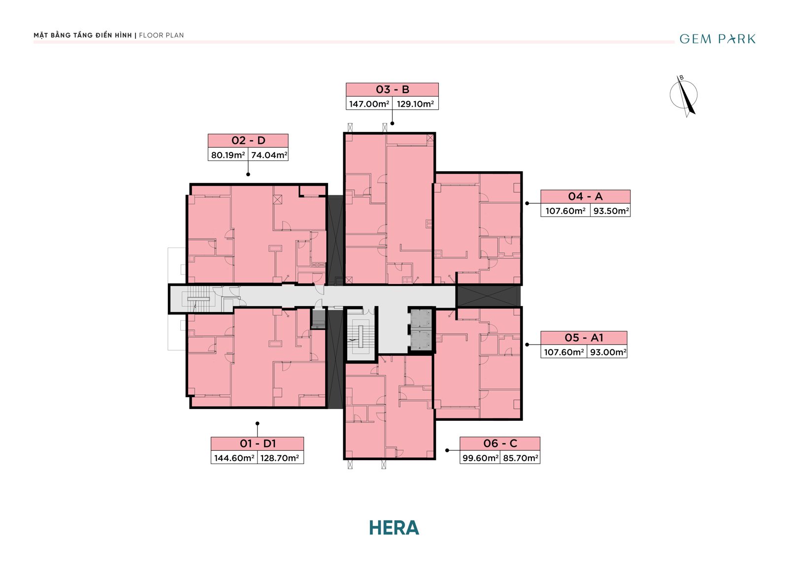 Mặt bằng tầng điển hình tòa Hera Gem Park Hải Phòng — 6 căn hộ 01-D1, 02-D, 03-B, 04-A, 05-A1, 06-C